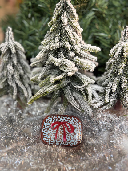 Ice Blue Leopard with Burgundy Bow on Peach Pot