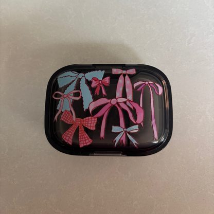 Ice Blue & Pink Bows Black Pill Pot